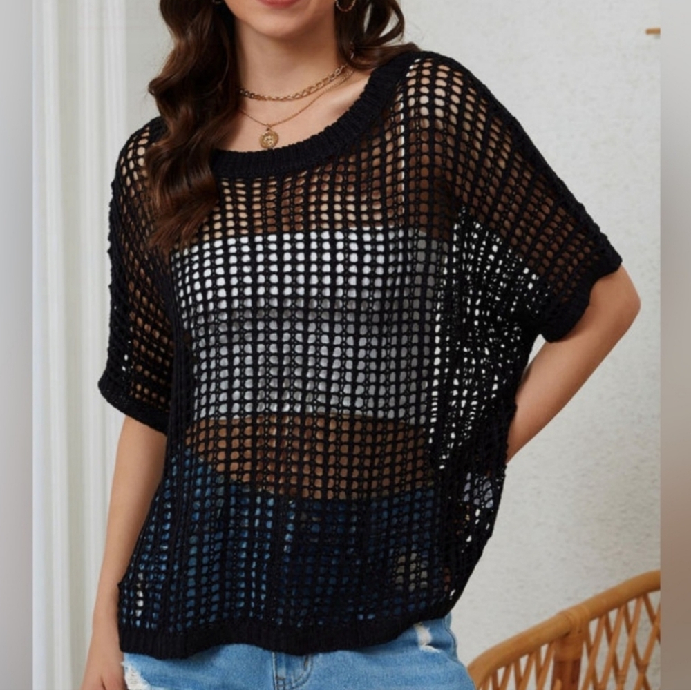 Crochet Open Weave Knit Eggshell Black Bohemian Top, Fishnet - Picture 5 of 12